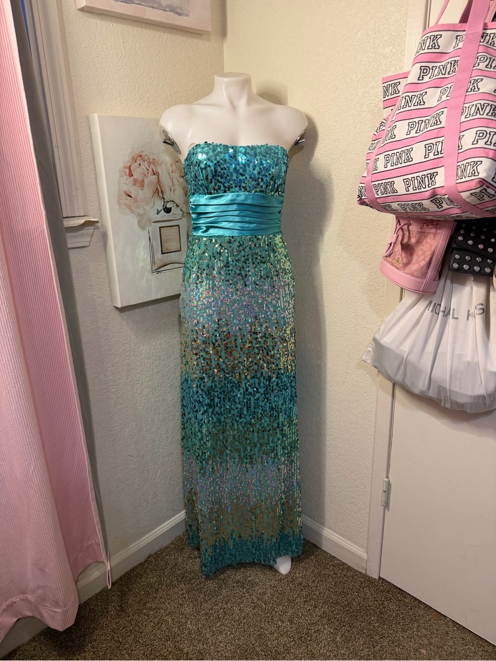 Blondie Nites Teal Sequin Strapless Gown